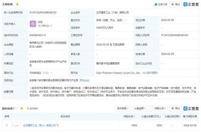 立訊精密斥資5000萬元于六安成立新公司，聚焦計(jì)算機(jī)軟硬件及配件領(lǐng)域